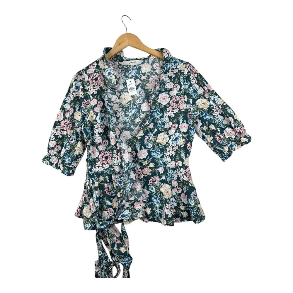 New Loft‎ Garden Ruffle Floral Wrap Linen Blend Top size Small Green/Pink